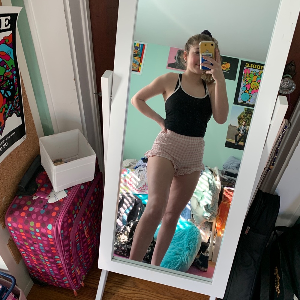 pink and white checkered shorts